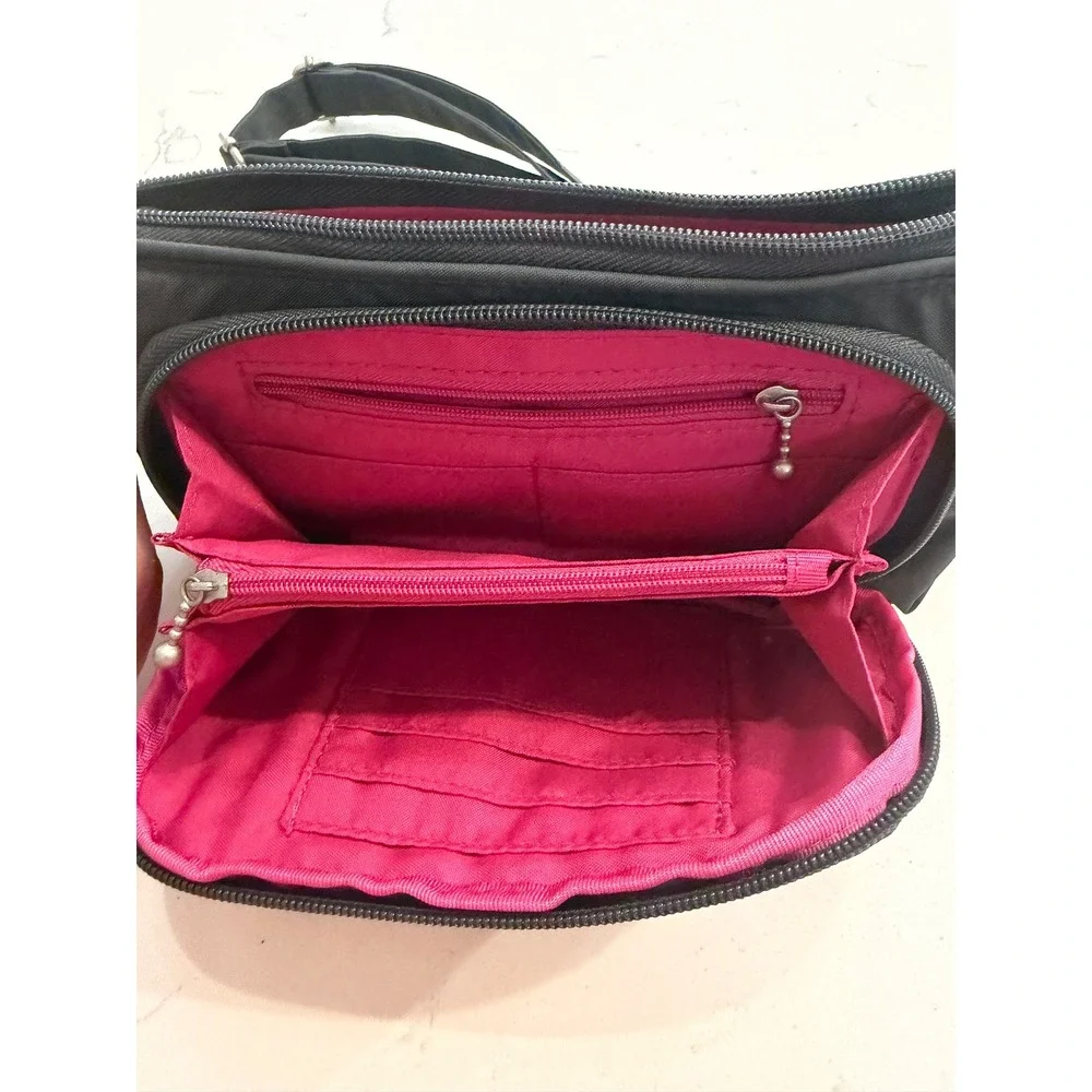 Baggallini Crossbody Charcoal Gray Nylon Multi-Pocket Purse Pink Lining 9
